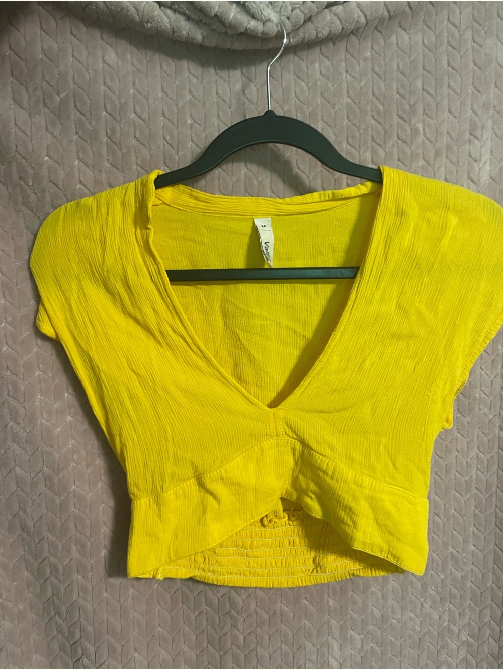V-Neck Yellow Crop Top with Gathered Front - Women